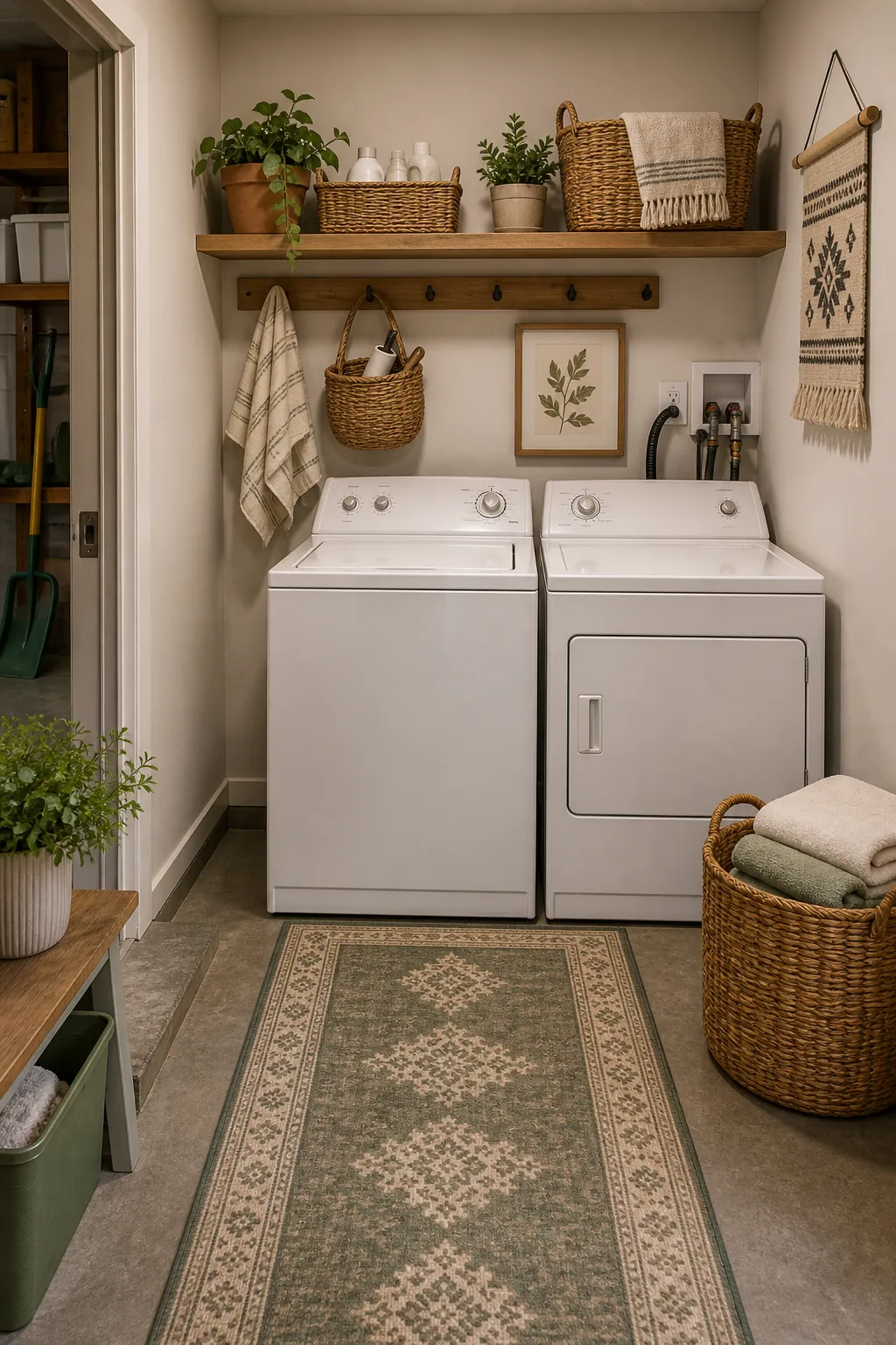 Top load washer utility nook with warm farmhouse texture and practical storage