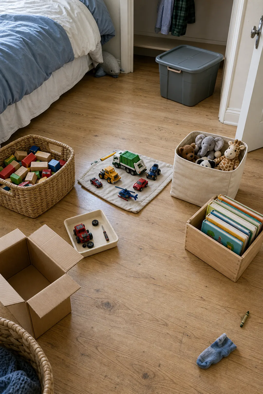 Small kids room floor with toys sorted into simple reset zones