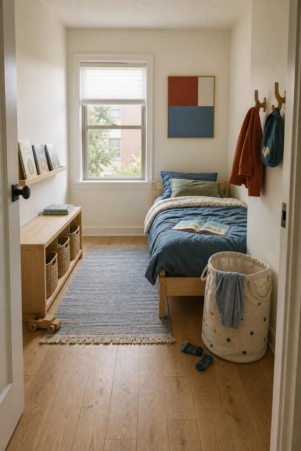 Easy clean small kids room with open storage and a clear floor