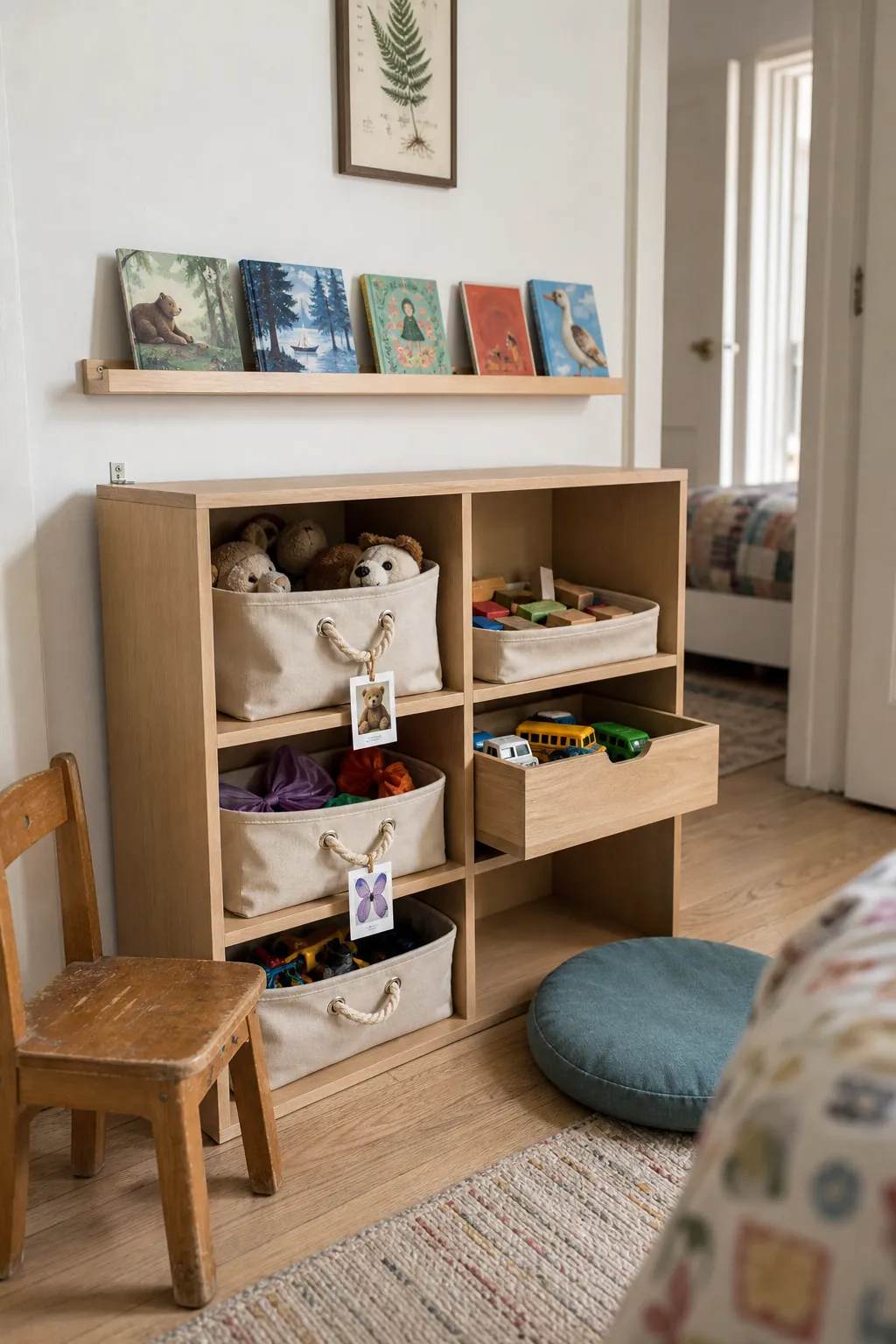 Low open toy storage and picture categories in a small kids bedroom
