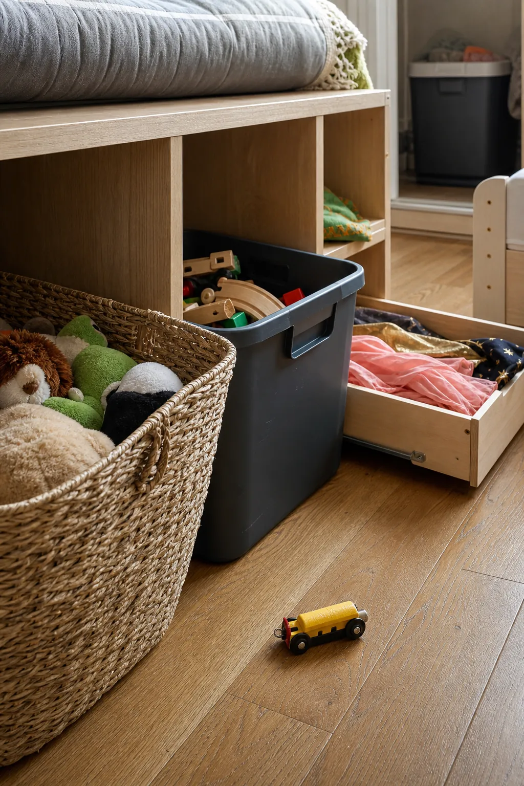 Underfilled open storage bins with room for easy toy cleanup