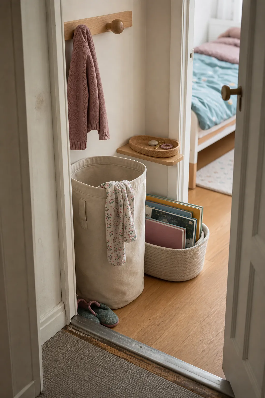 Compact kids bedroom drop zone with hamper hooks and book basket