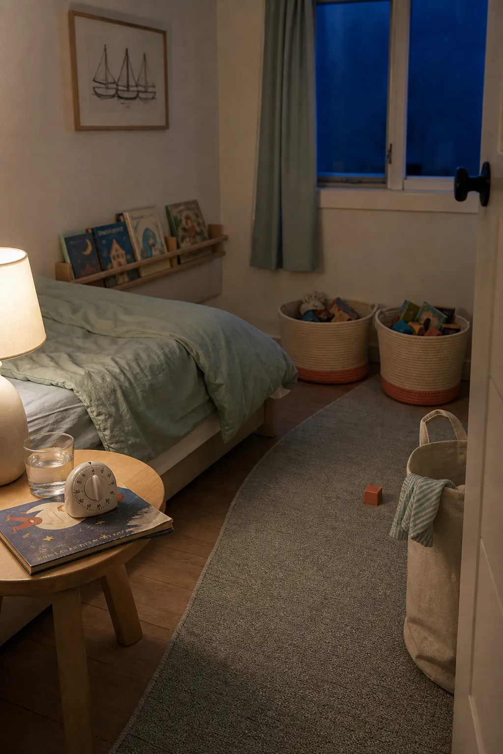Tidy small kids room prepared for a ten minute bedtime reset