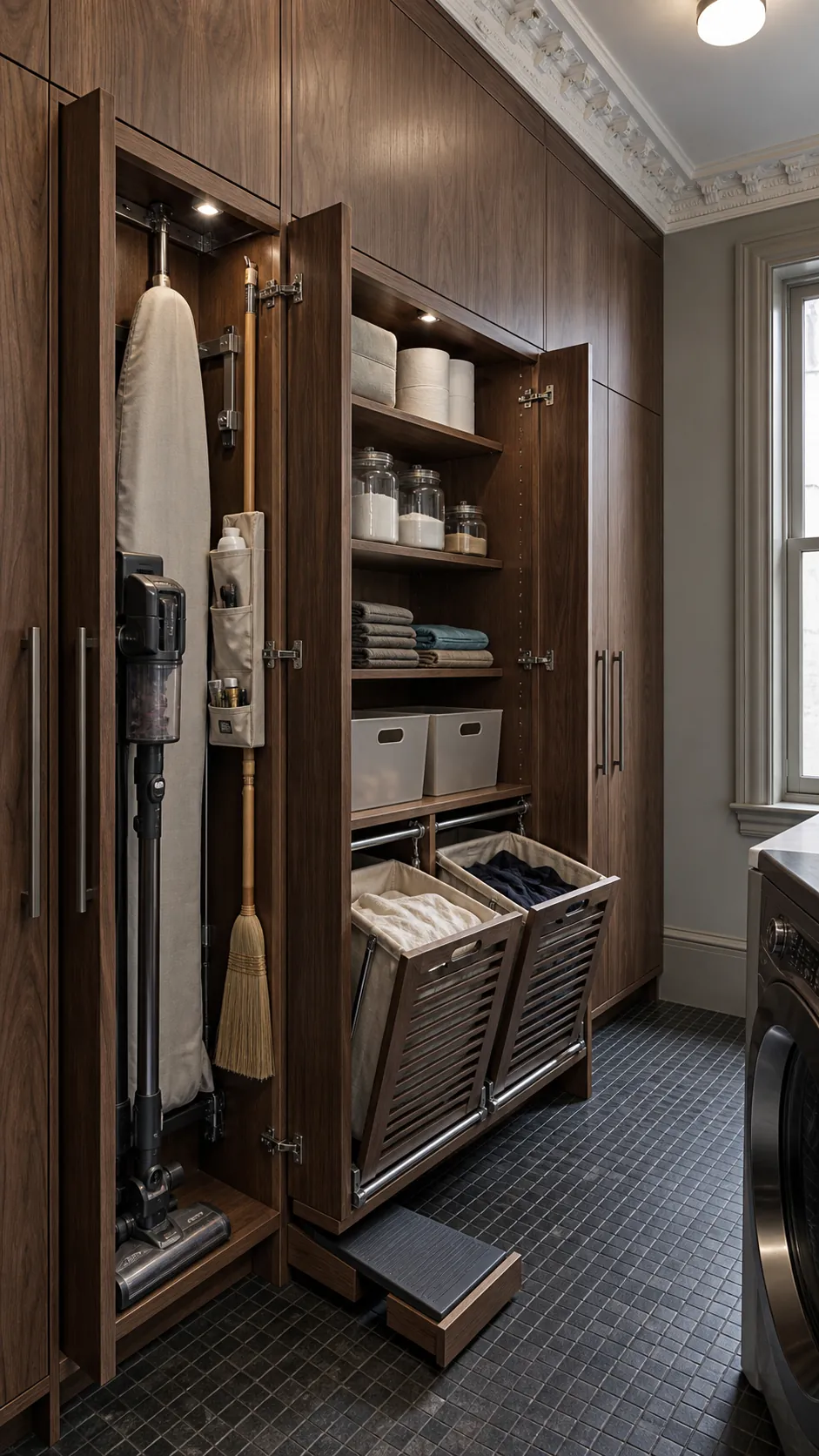 Floor-to-ceiling laundry room cabinets with hidden hampers and organized utility storage