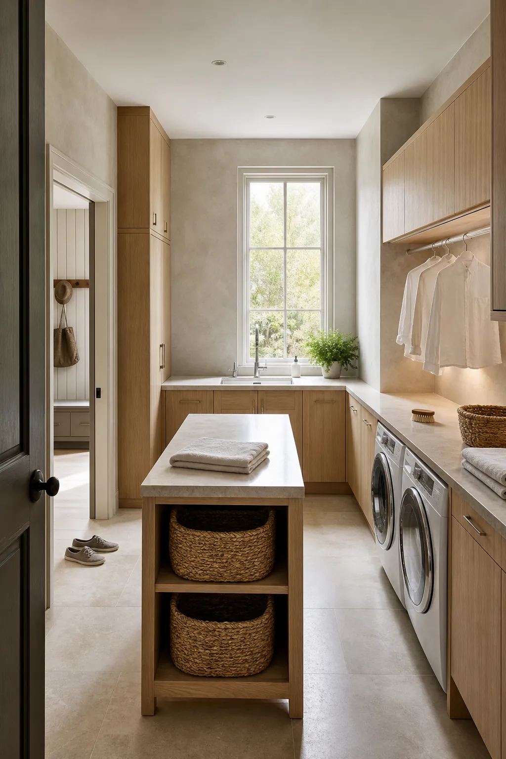 Luxury laundry room with warm oak cabinetry, stone island and organized storage