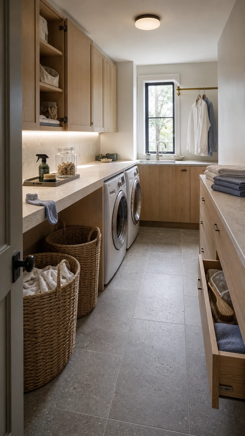 Luxury laundry room with an organized workflow, oak cabinetry and stone folding island
