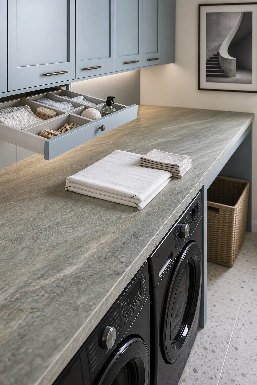 Contemporary laundry room with a clear quartzite folding counter and concealed storage