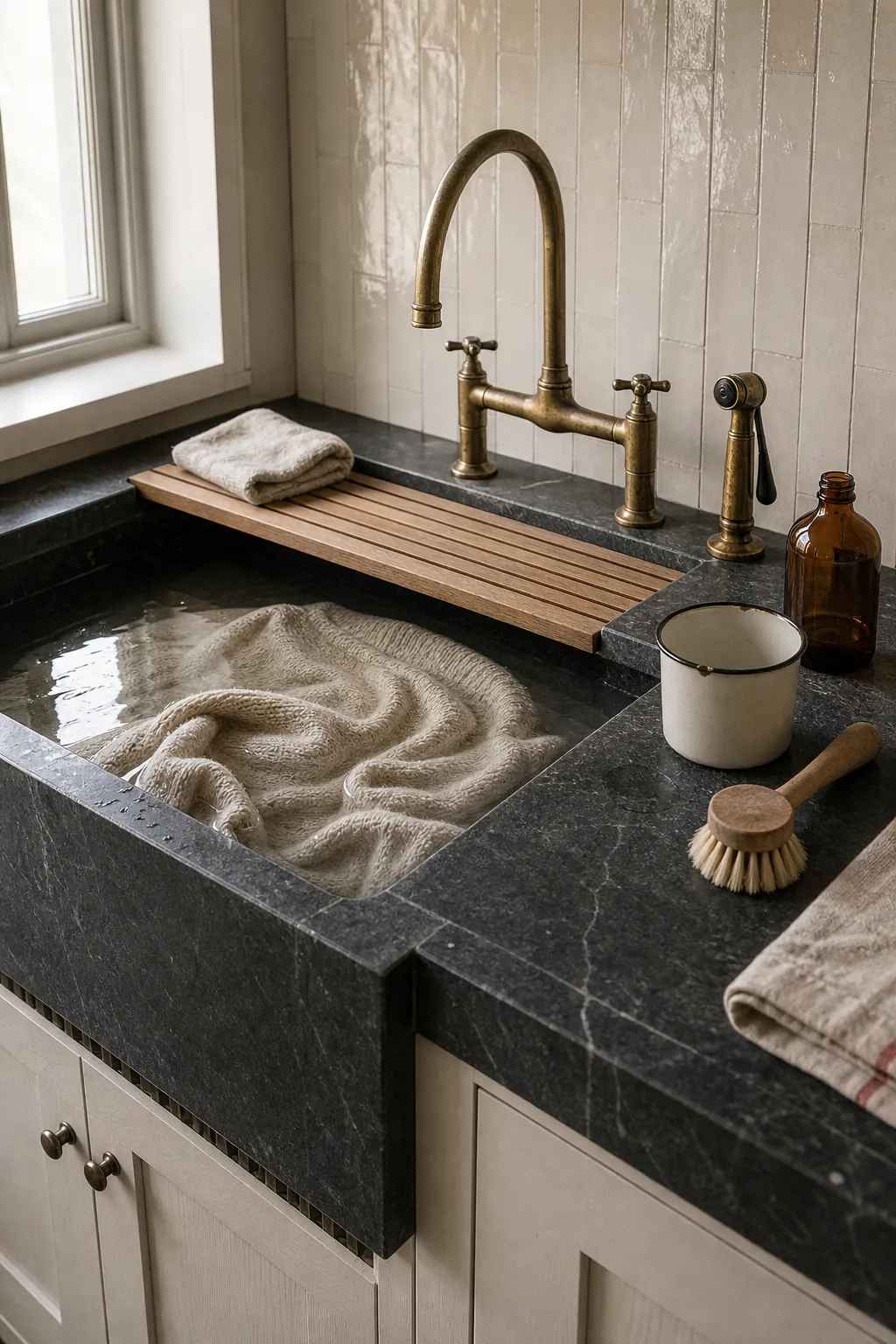 Refined laundry room with a deep utility sink, unlacquered brass faucet and natural stone counter