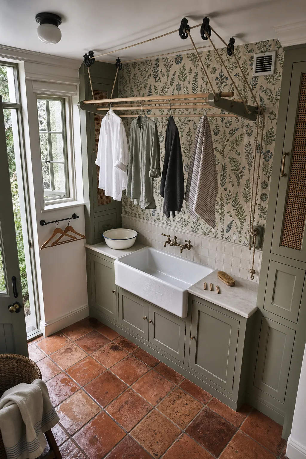 Elegant laundry drying zone with a ceiling airer, sink and ventilated cabinetry