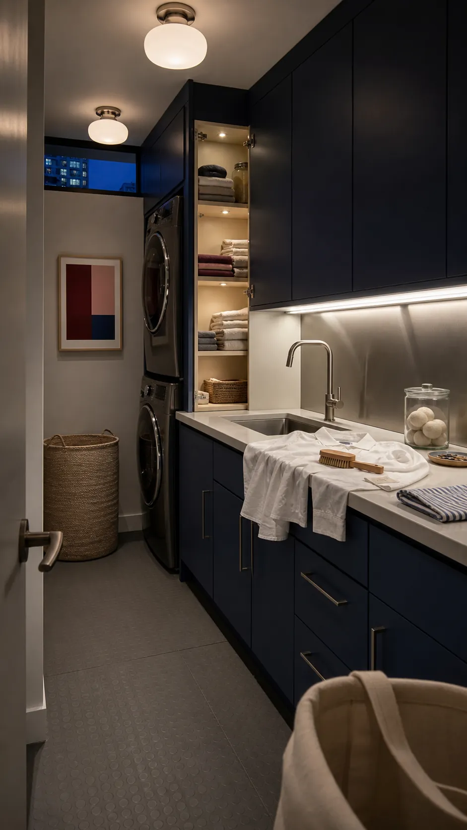 Modern luxury laundry room with layered ceiling and under-cabinet task lighting