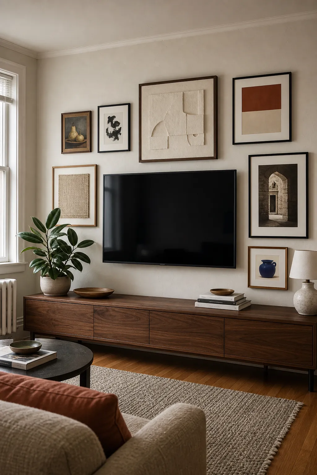 Warm living room with a balanced gallery wall arranged around a television