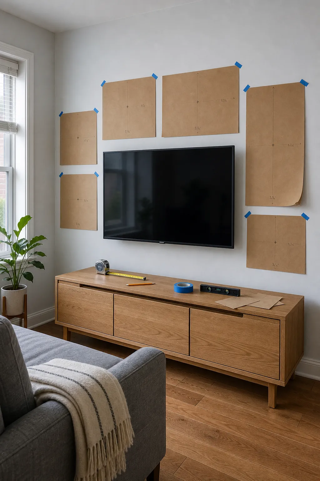 Paper templates planning a living room gallery wall around a mounted TV