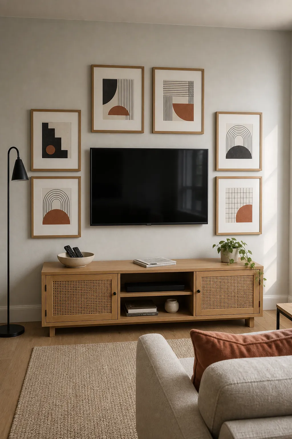 Symmetrical framed prints arranged evenly around a living room TV