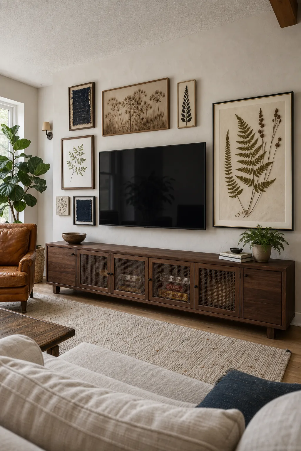 Balanced asymmetrical gallery wall wrapping around a television with varied frame sizes