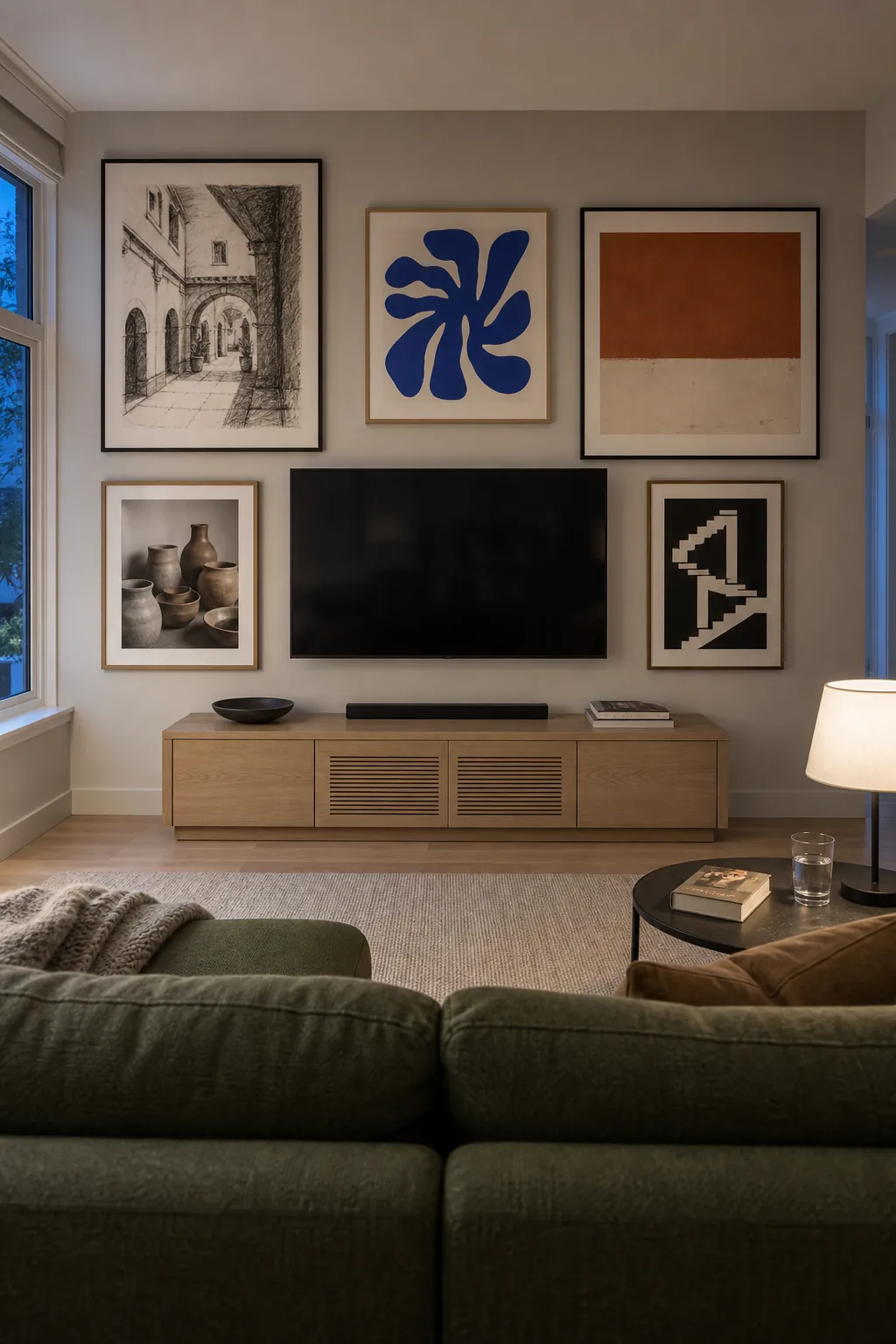 Living room view showing gallery wall art sized clearly for viewing from the sofa