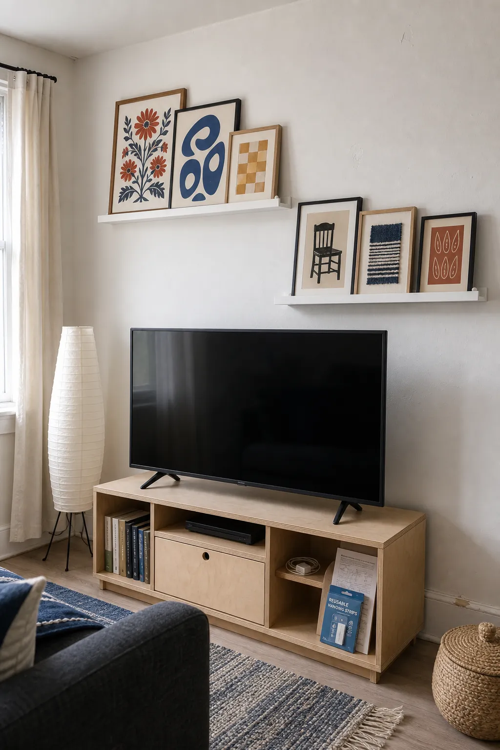 Renter-friendly TV gallery wall with framed art arranged on slim picture ledges