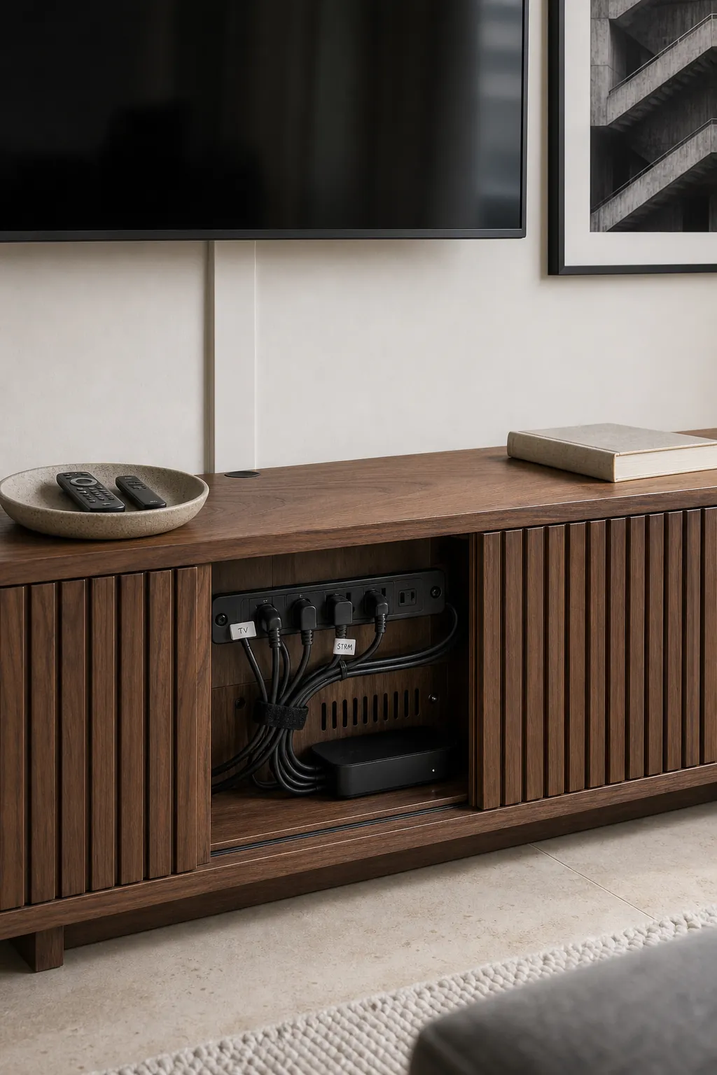 Neat TV wall cable management with a low wood media console