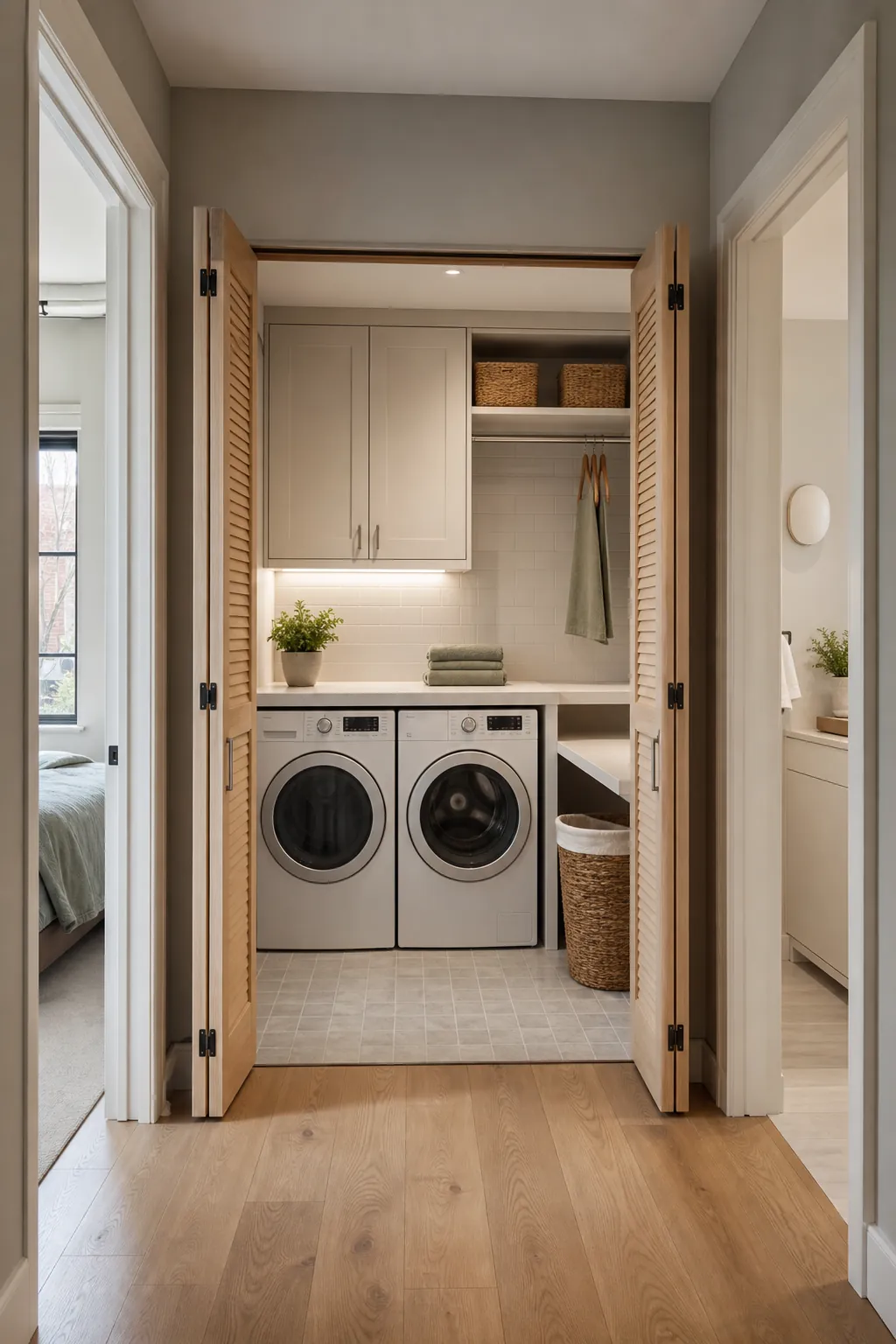 Stylish closet laundry room concealed behind vented oak doors in a hallway