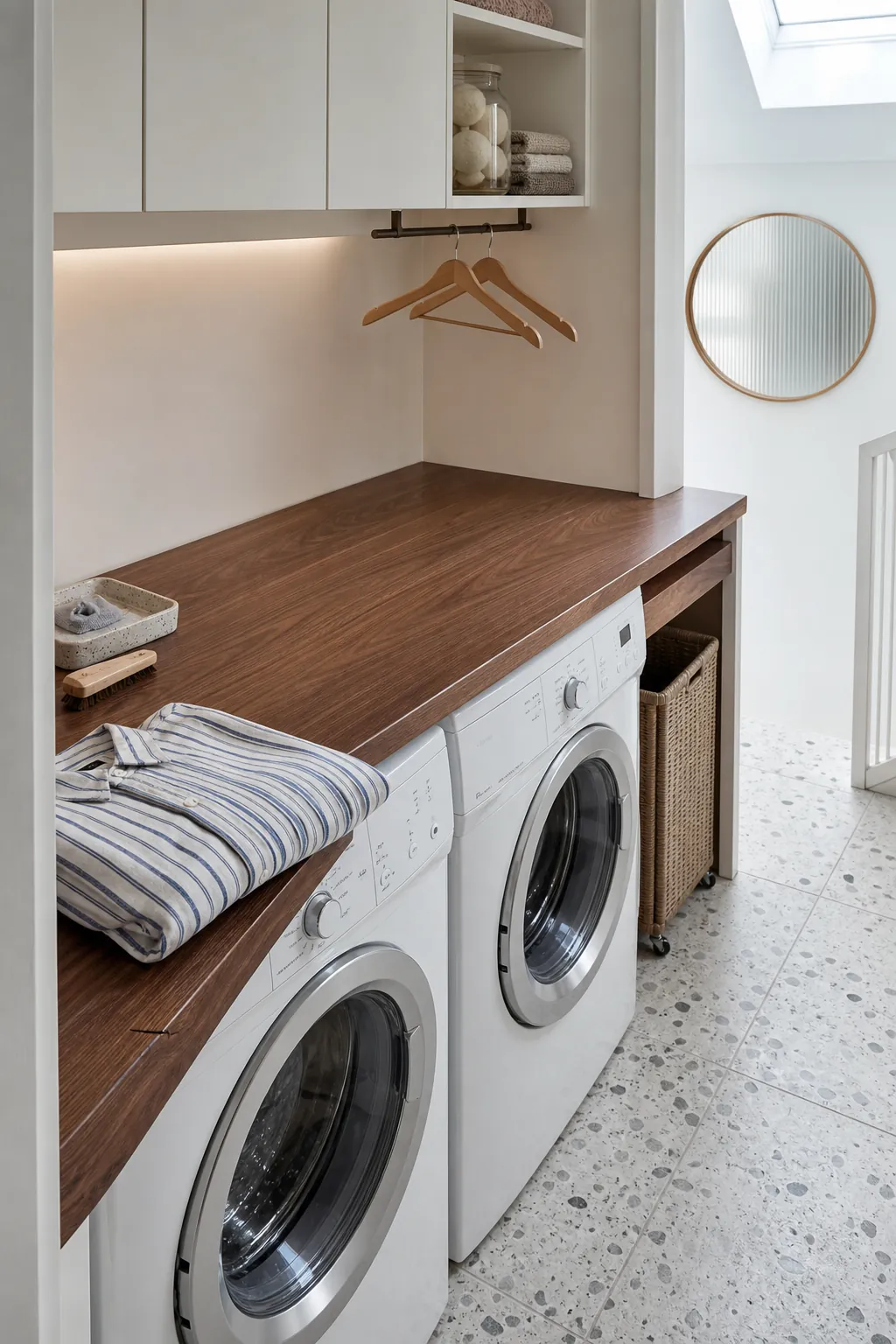 Narrow laundry closet with a clear wood counter, compact storage and side-by-side appliances