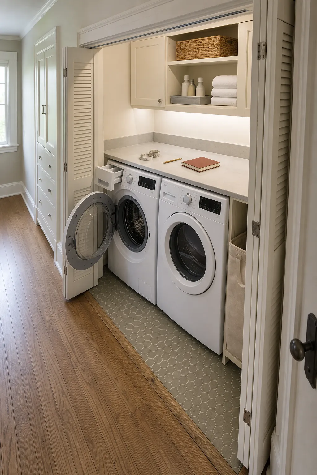 Open hallway laundry closet with side-by-side machines, folding counter and vented doors