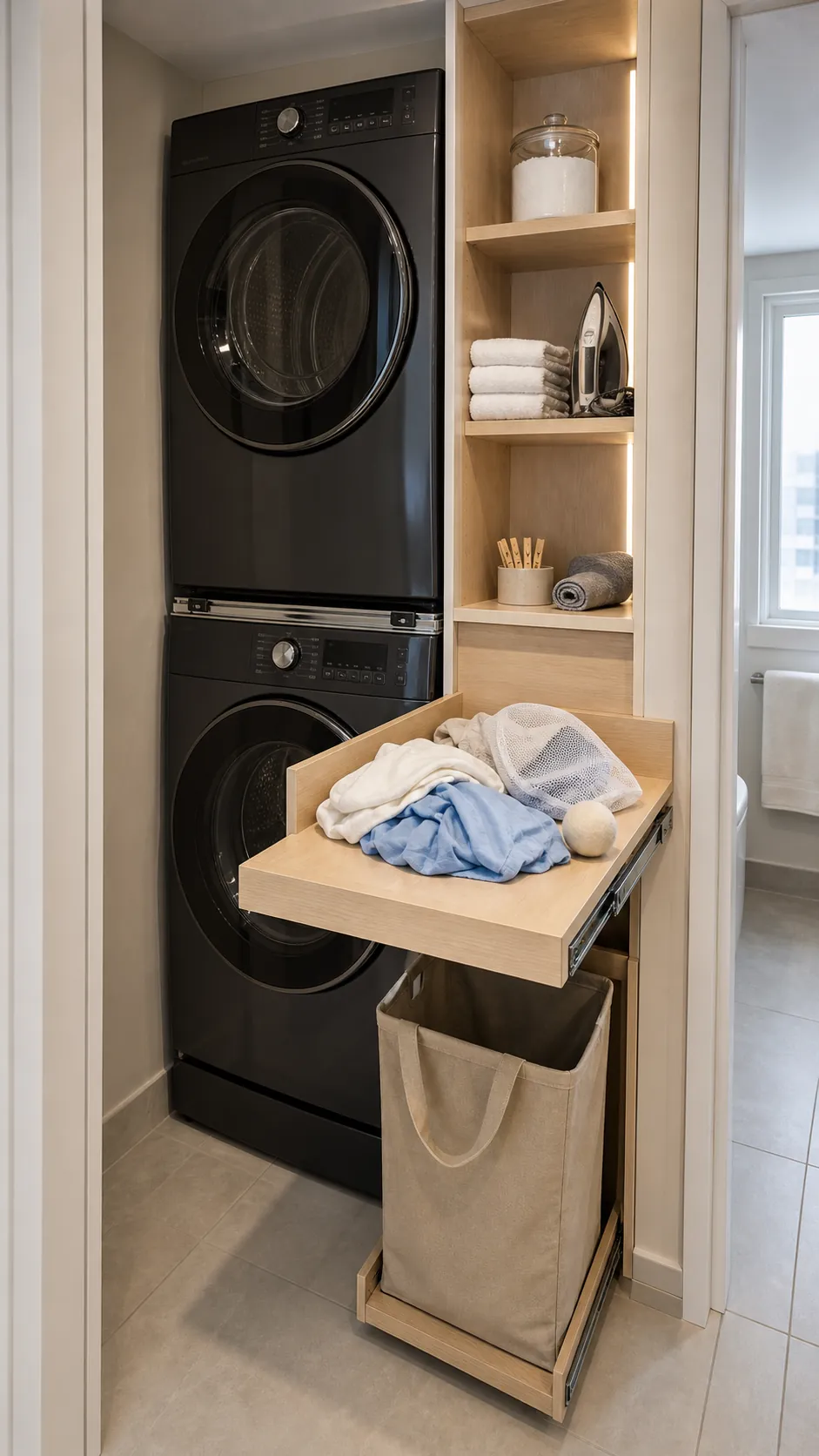 Stacked washer and dryer in a compact laundry closet with a pull-out folding shelf