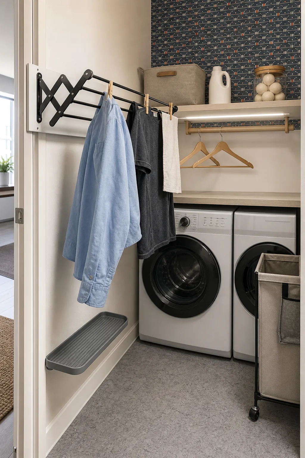 Compact laundry closet with a fold-flat drying rack and short hanging rail