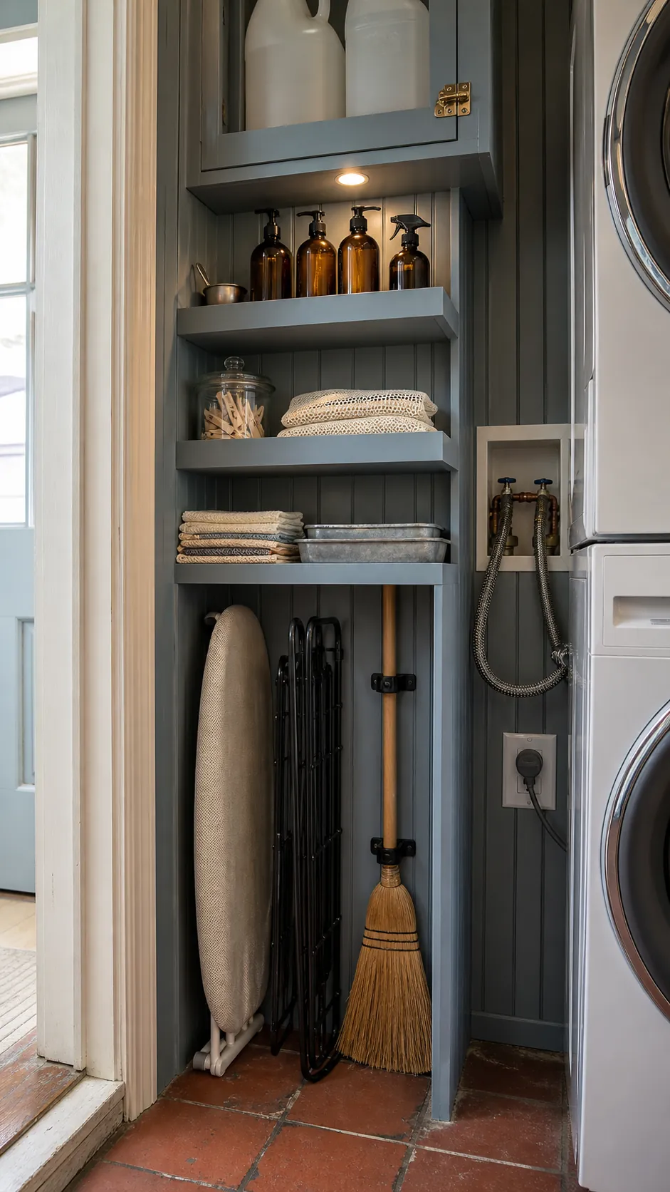 Tiny laundry closet with shallow shelves, vertical utility storage and organized supplies