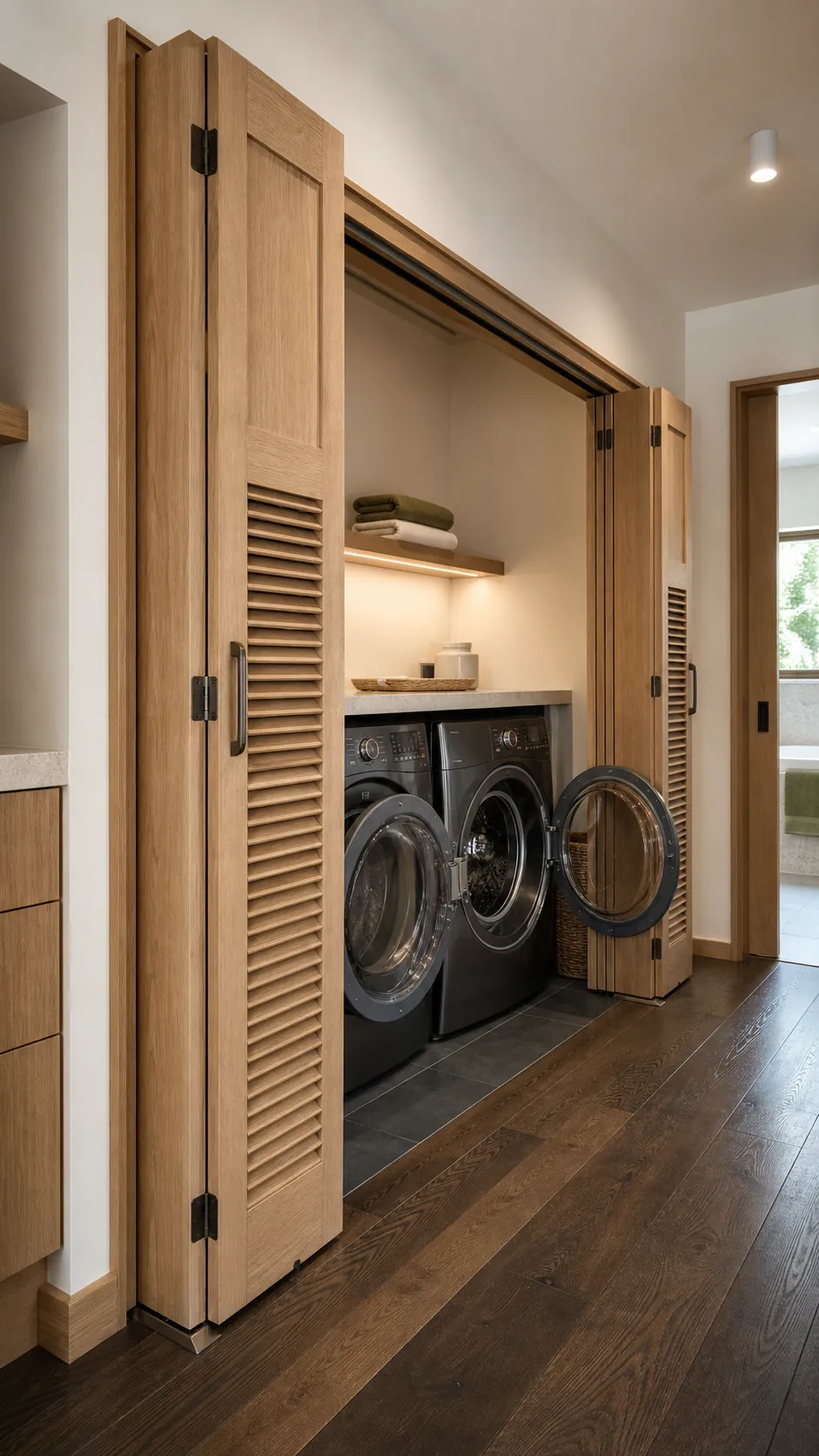 Vented bifold laundry closet doors opened clear of front-loading washer and dryer
