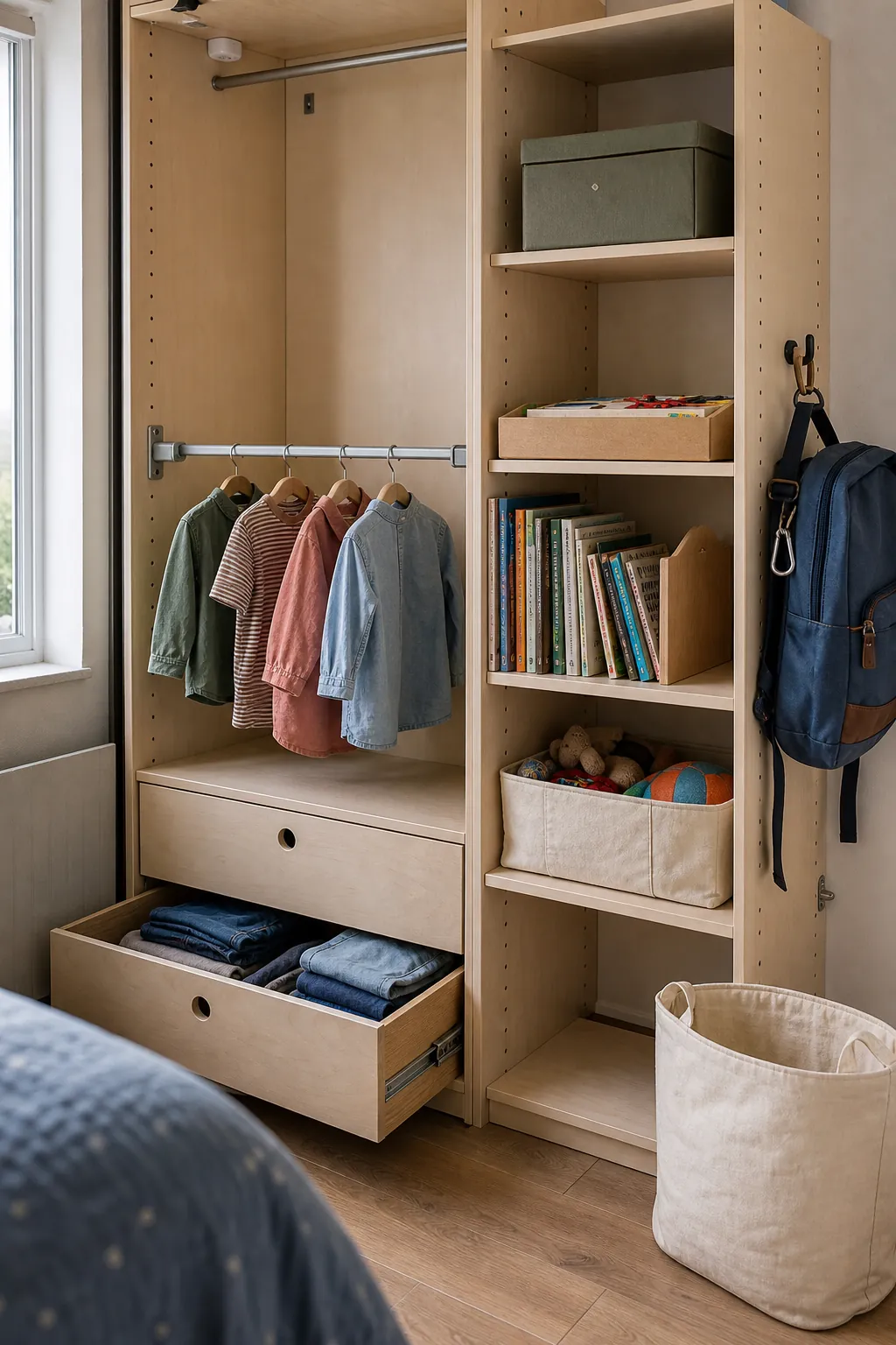 Adjustable shelving with flexible storage for a growing child