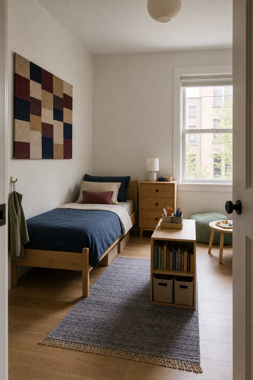 Timeless small kids room with flexible storage and a future study zone