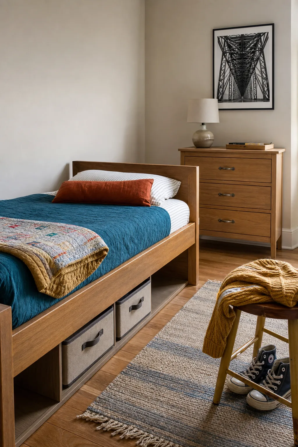 Timeless twin bed and flexible furniture in a small kids bedroom