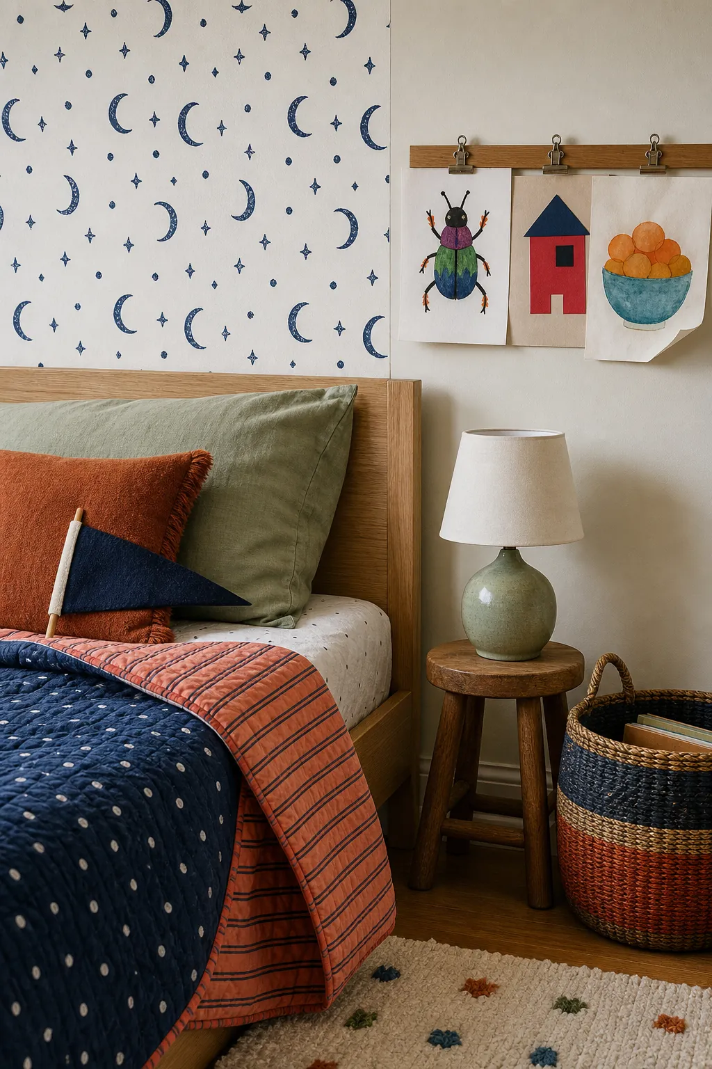 Changeable bedding and removable decor in a timeless kids room