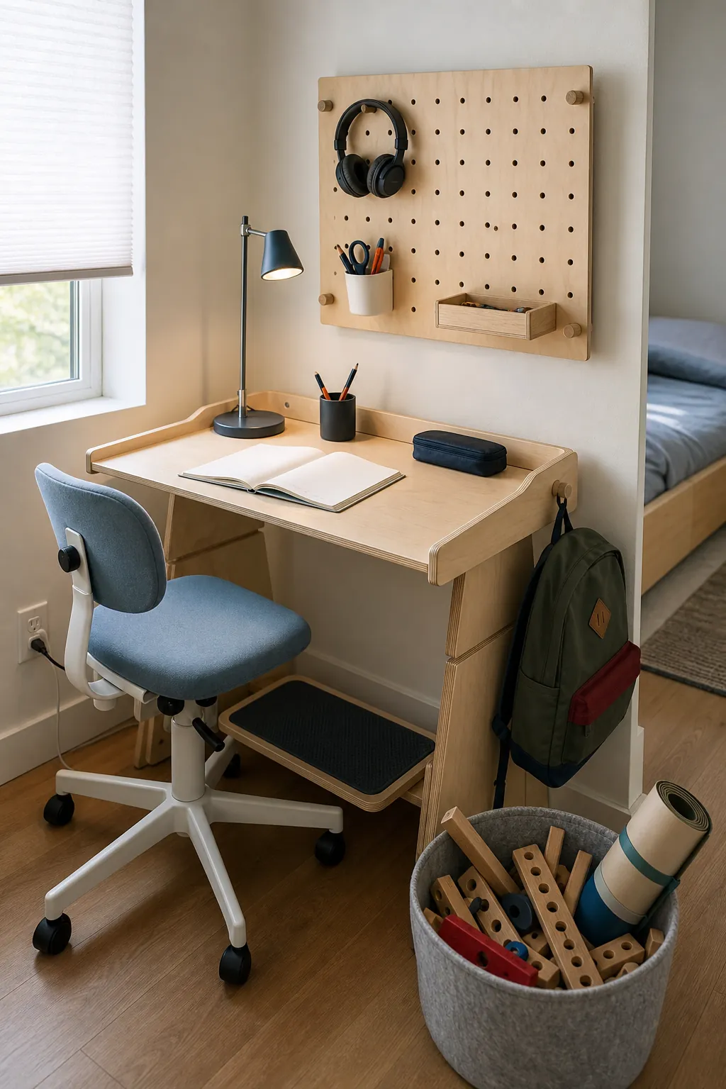 Compact study corner replacing a play zone in a small kids room