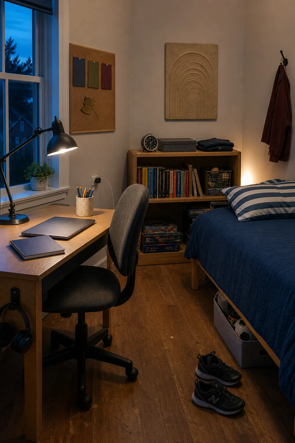 Small childhood bedroom updated for a preteen with a desk and books