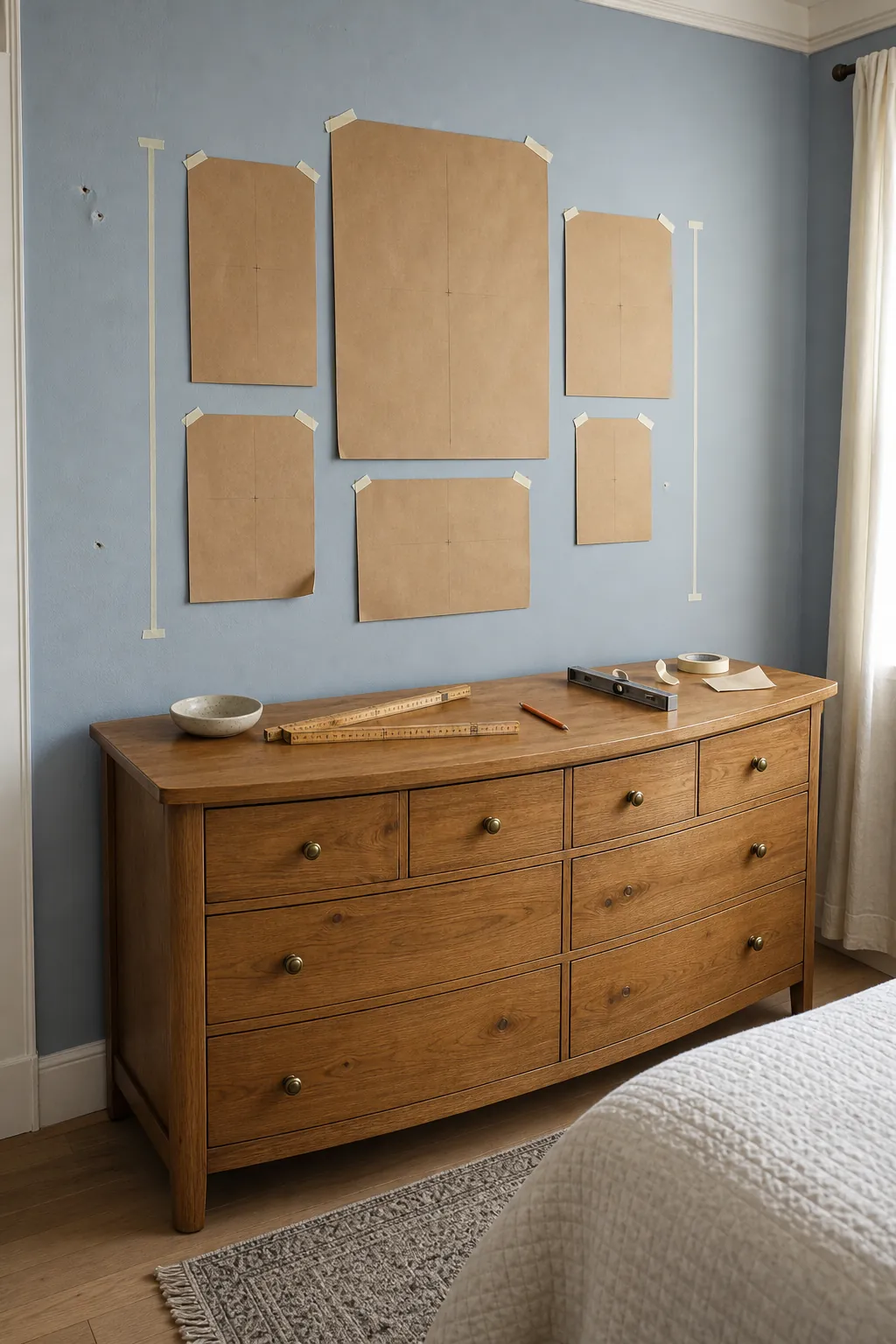 Paper templates planning a bedroom gallery wall above a wood dresser