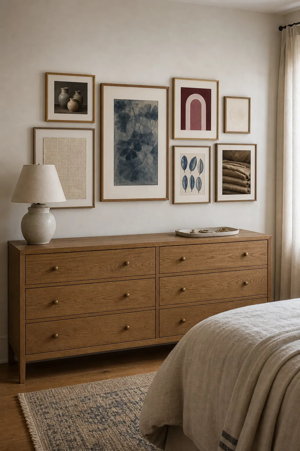 Calm bedroom gallery wall arranged above a warm wood dresser