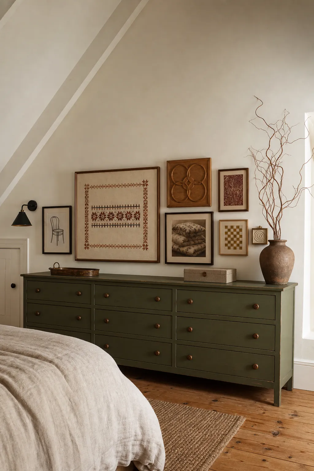 Bedroom gallery wall hung close enough to feel connected to the dresser