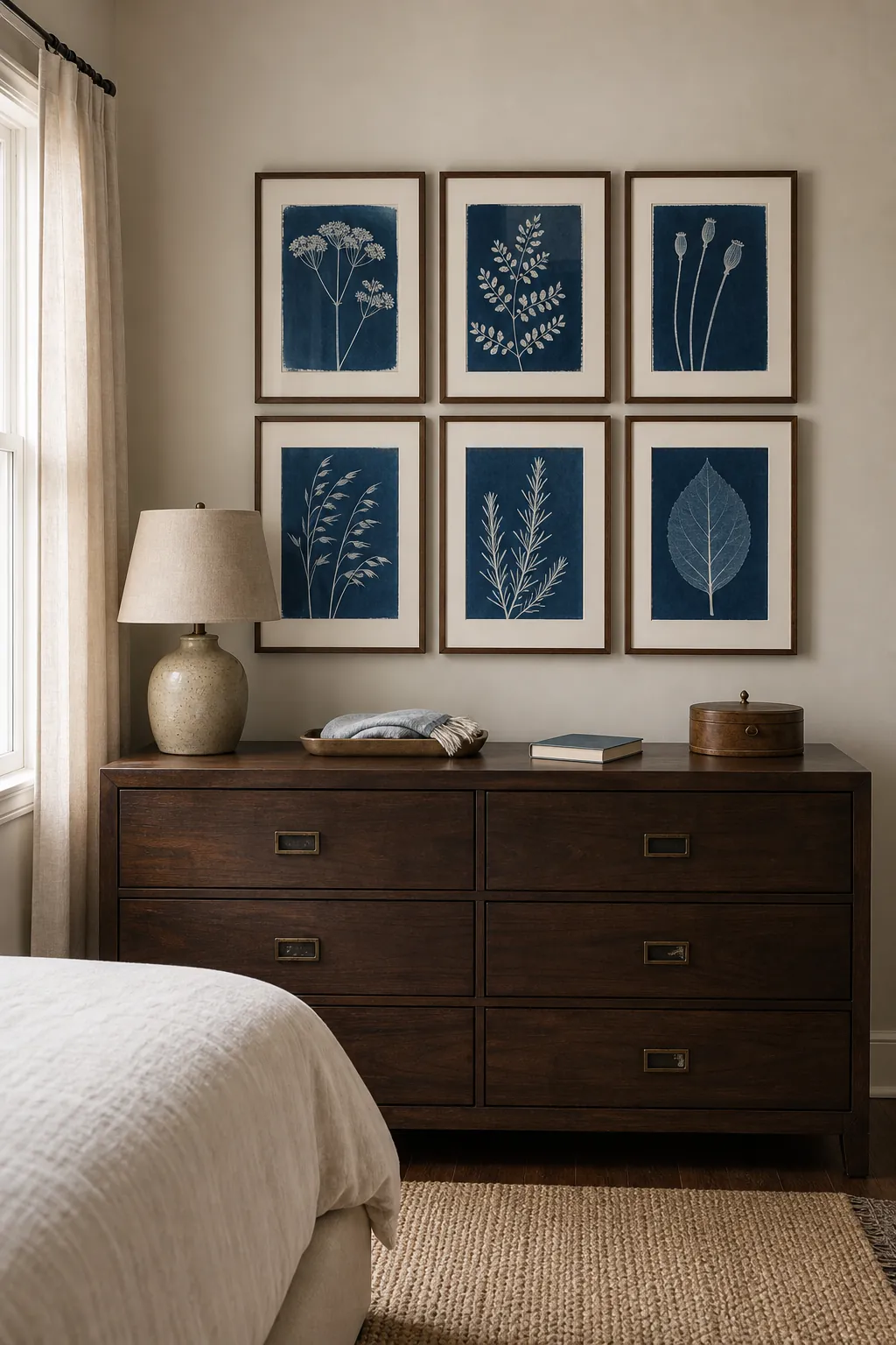 Quiet grid gallery wall with matching frames above a bedroom dresser