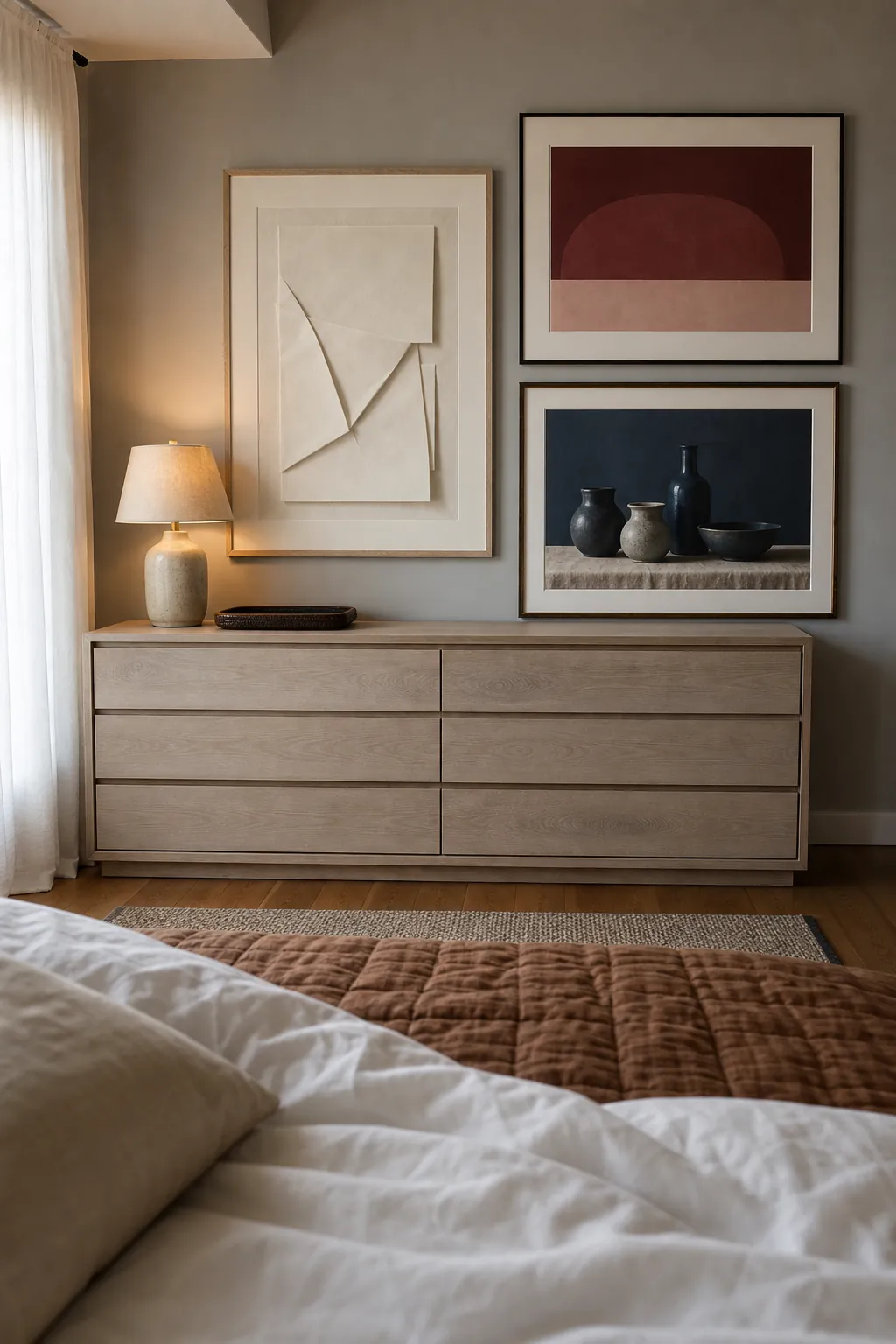 Gallery wall above a dresser sized for a clear view from the bed