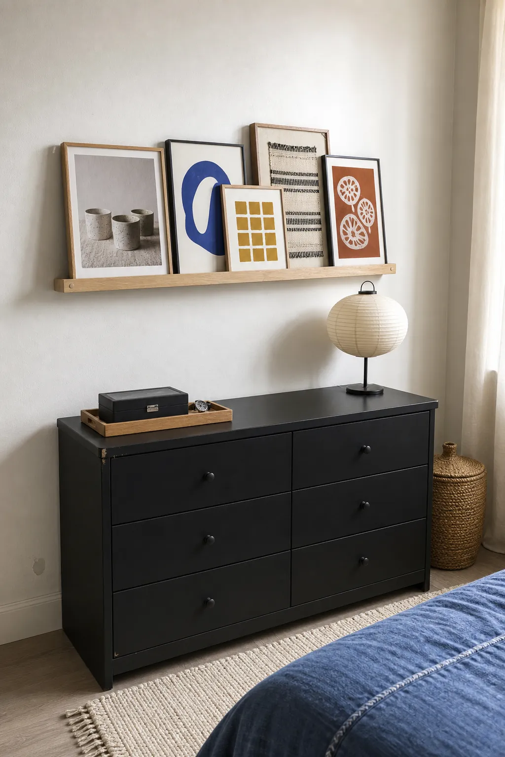 Renter-friendly bedroom gallery arranged on a slim ledge above a dresser