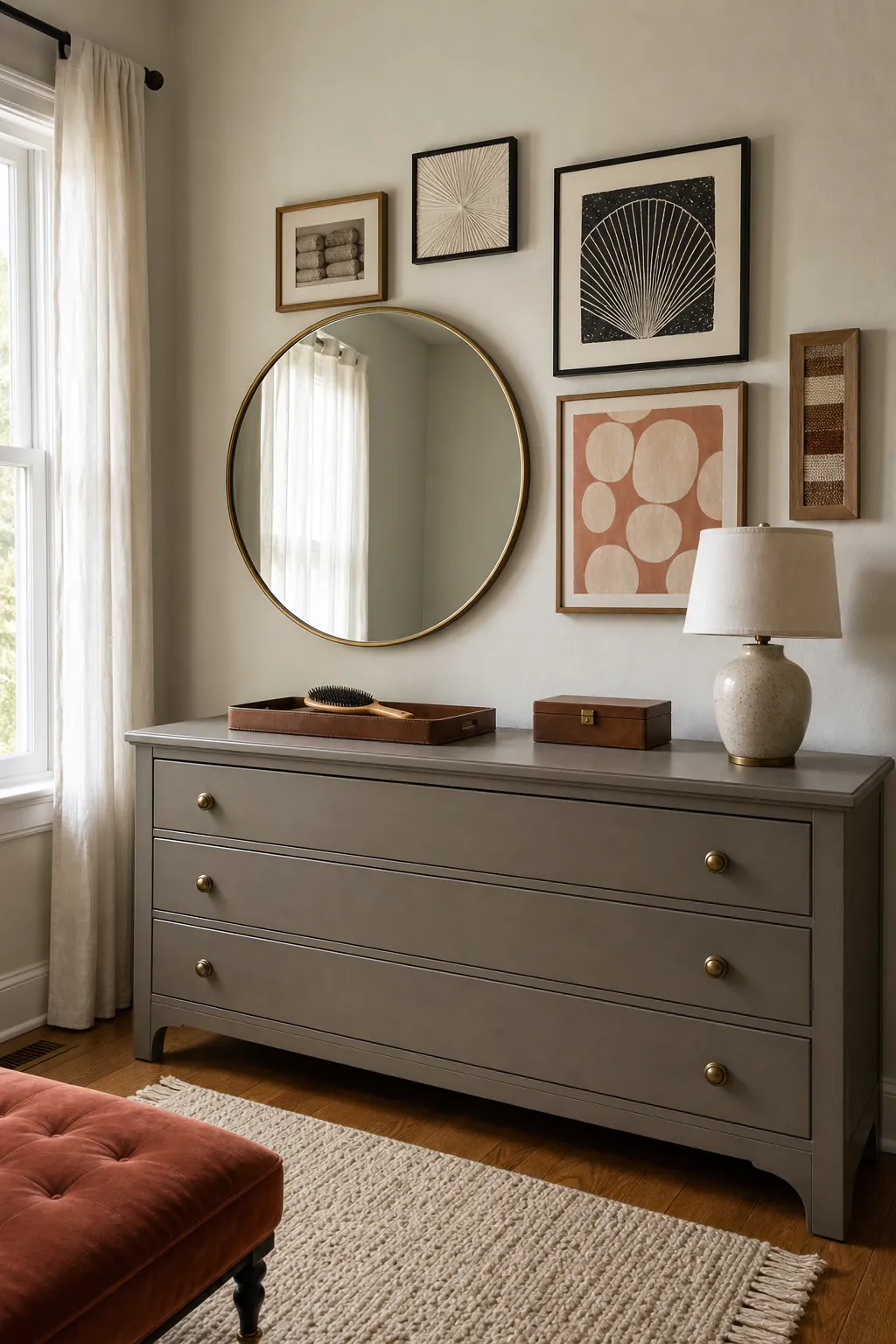 Round mirror anchoring a small bedroom gallery wall above a dresser