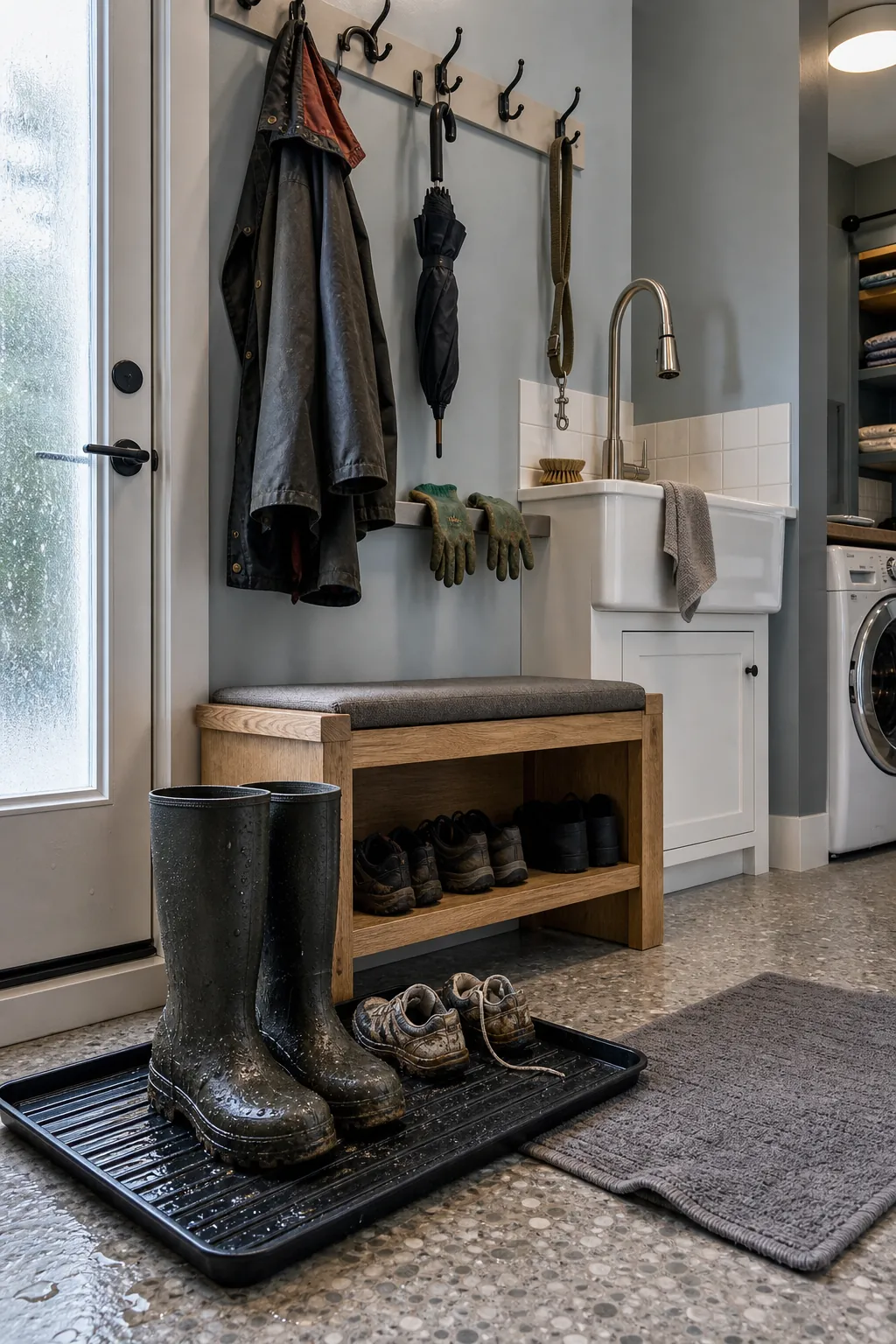 Practical mudroom wet zone with boot tray, hooks, bench, and utility sink near the entrance