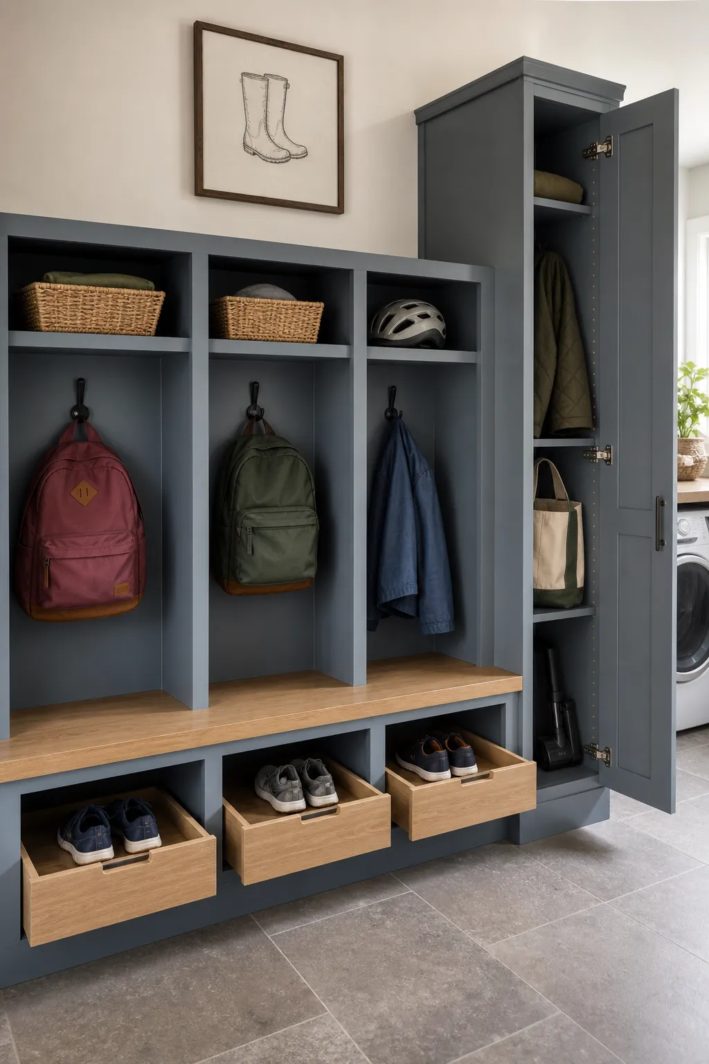 Family mudroom storage combining open hooks and shoe cubbies with closed cabinets