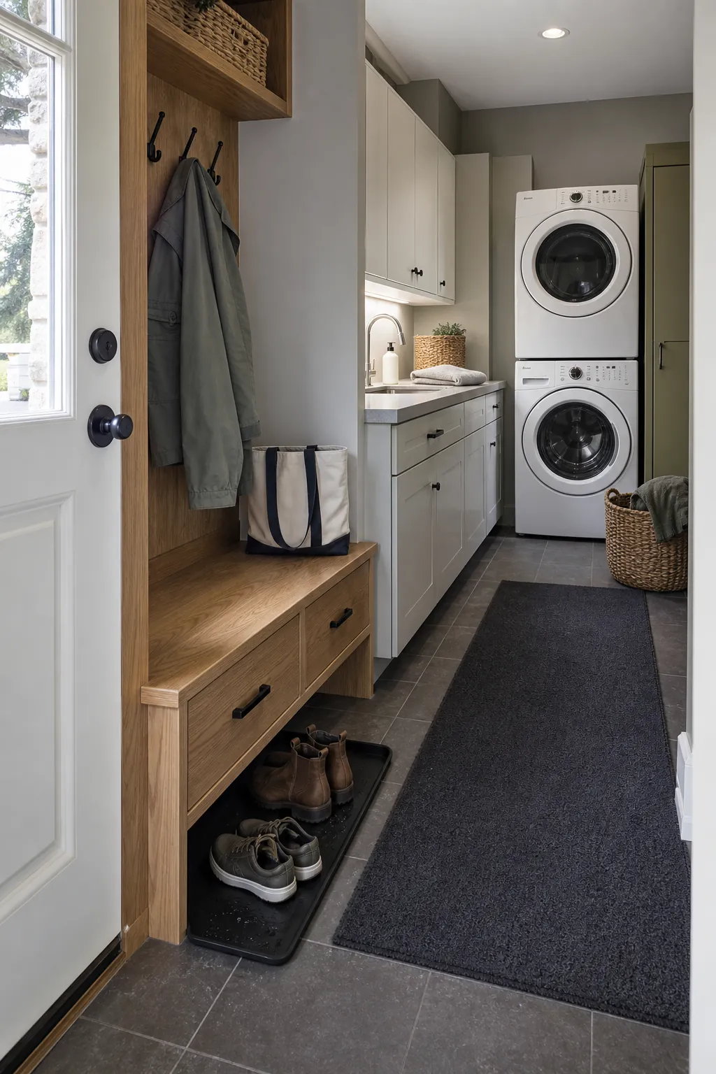 Organized mudroom laundry room combo with a clear walkway, bench, storage, sink, and stacked appliances