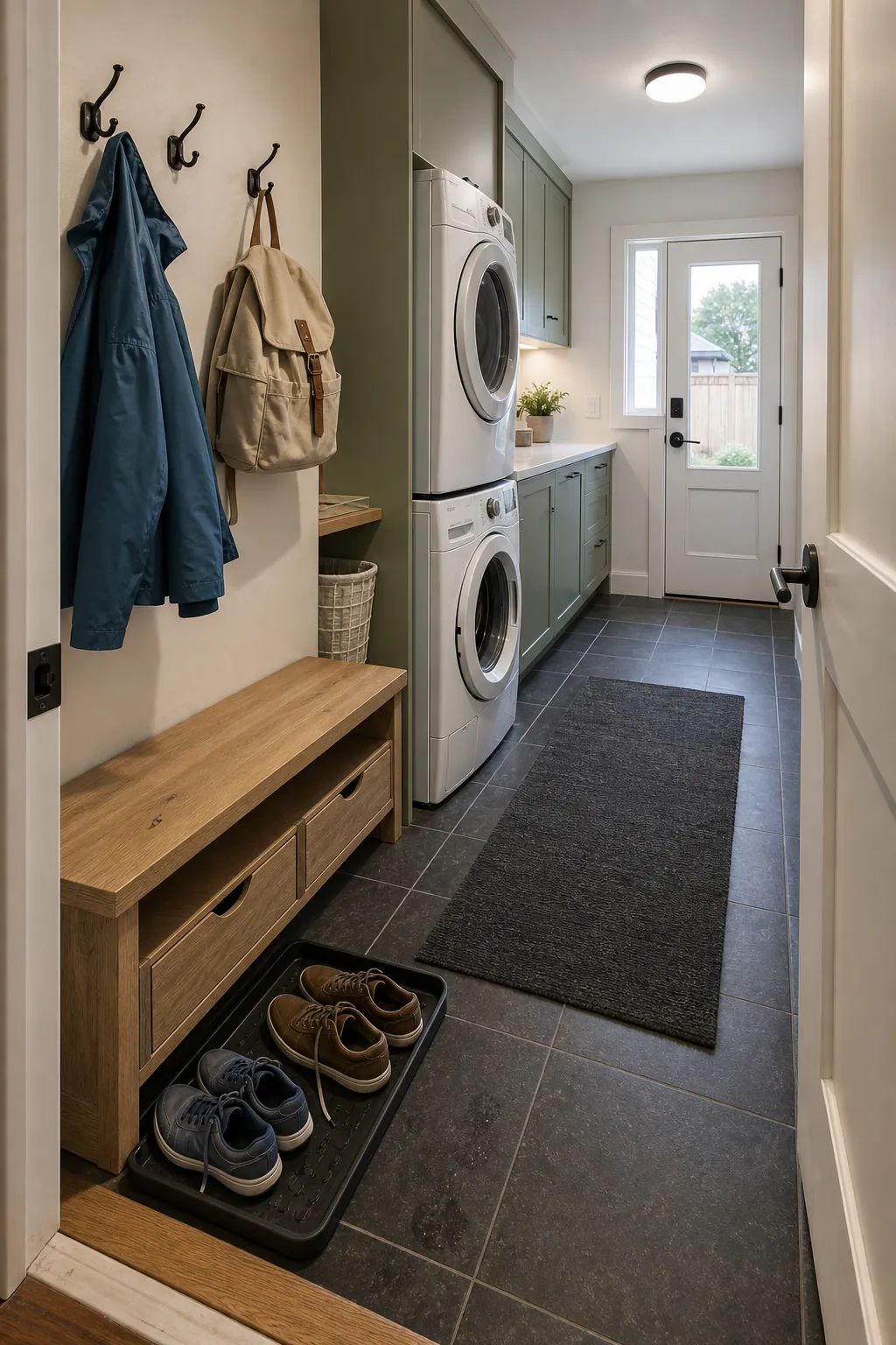 Narrow mudroom laundry room combo with a clear walkway from the entry to stacked appliances