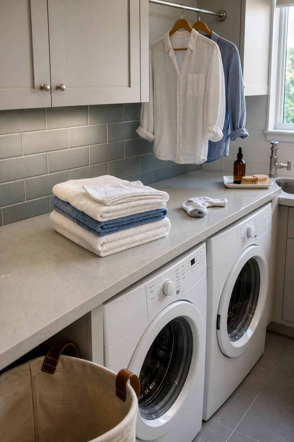 Laundry folding counter above front-loading machines with organized stain supplies and baskets