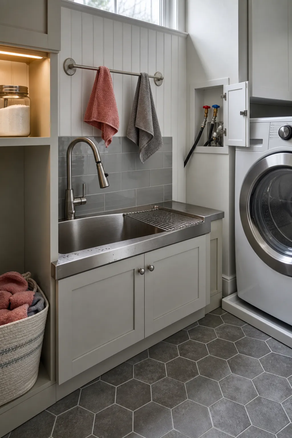 Durable utility room with washable floor, deep sink, drying rail, and accessible laundry connections