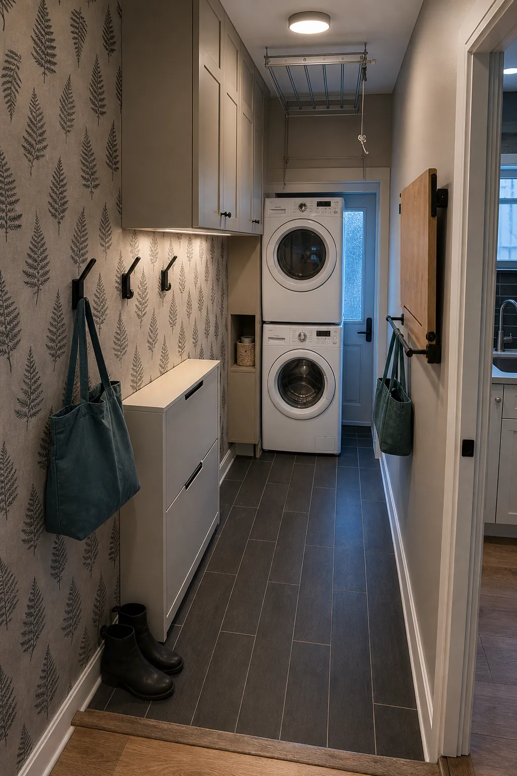 Small narrow laundry mudroom combo using stacked appliances and shallow wall storage