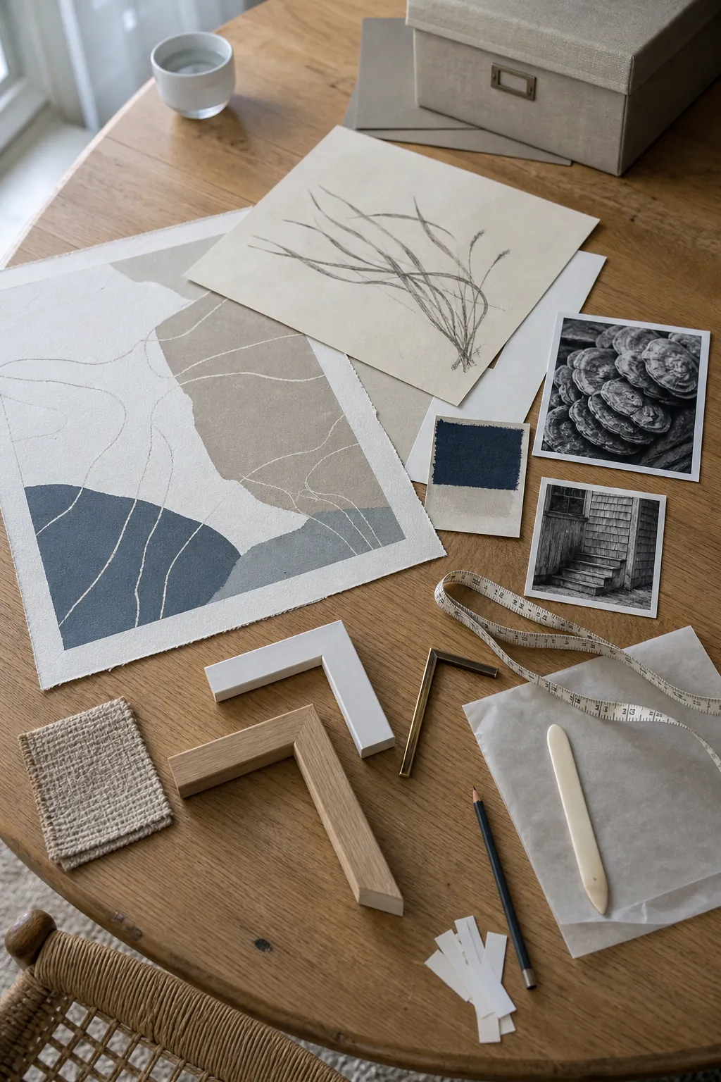 Soft neutral coastal art, natural frame samples, and fabric swatches arranged on a worktable
