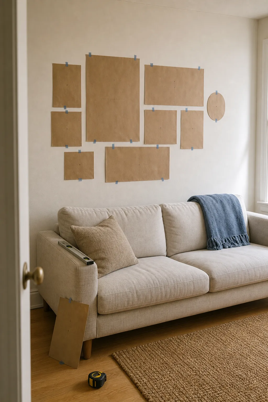 Kraft paper gallery wall templates arranged above a linen sofa for a coastal neutral layout
